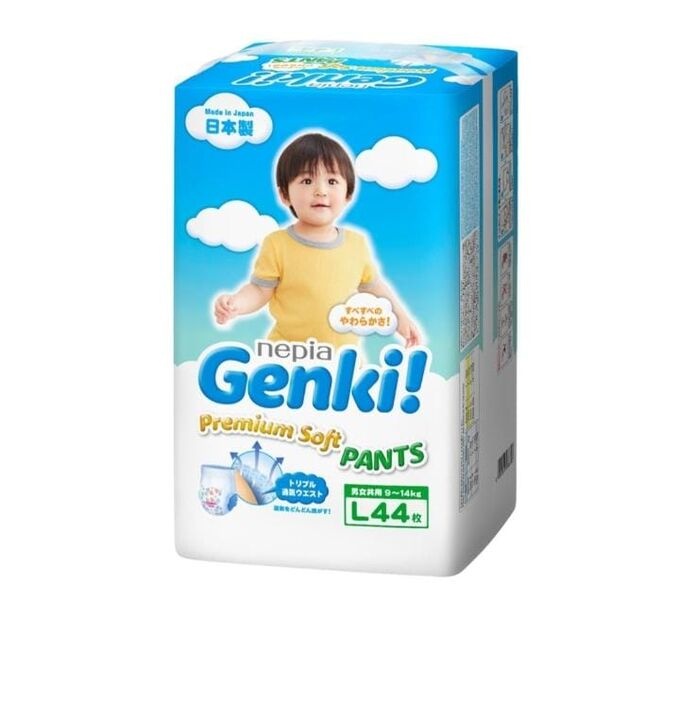 Детские подгузники-трусики  (для мальчиков и девочек) 9-14 кг (Размер L44), Premium Soft, Nepia Genki 