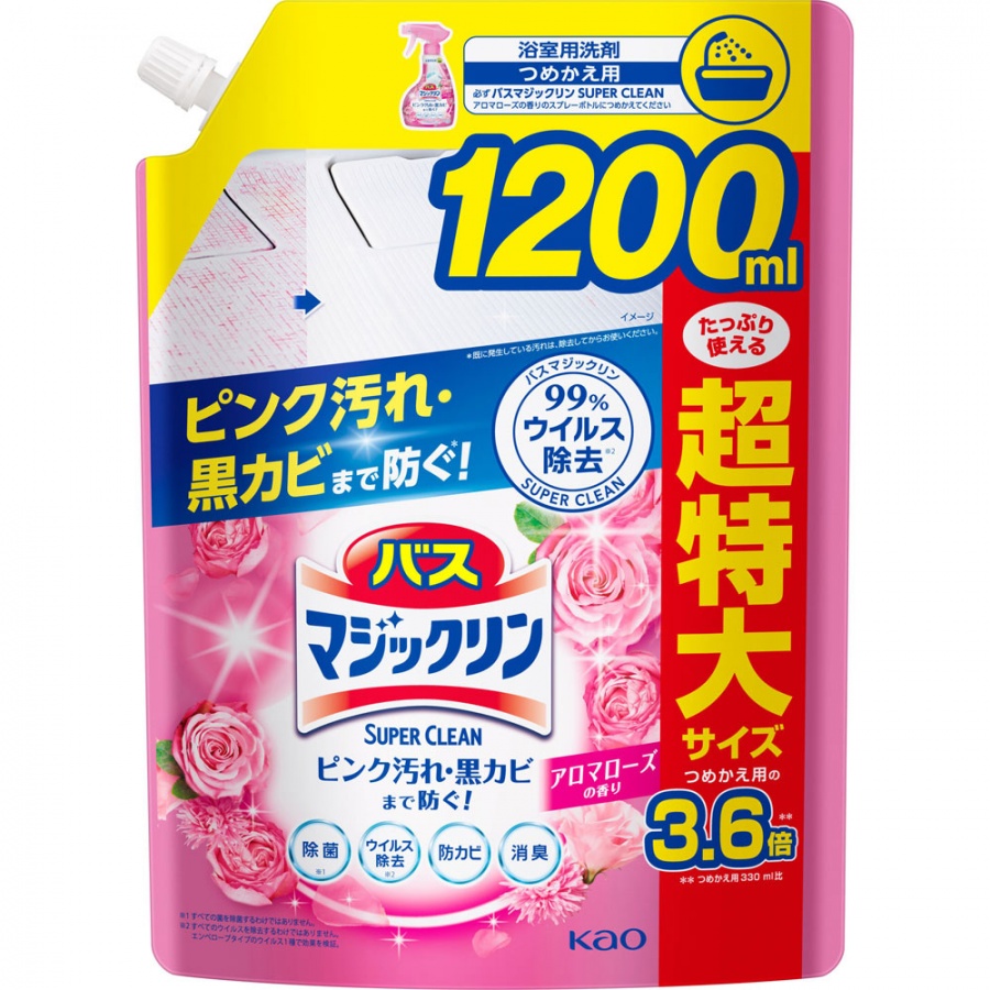 Спрей-пенка для ванной комнаты с антибактериальным эффектом и ароматом роз Magiclean Super Clean, Kao, 1200 мл (мягкая упаковка)