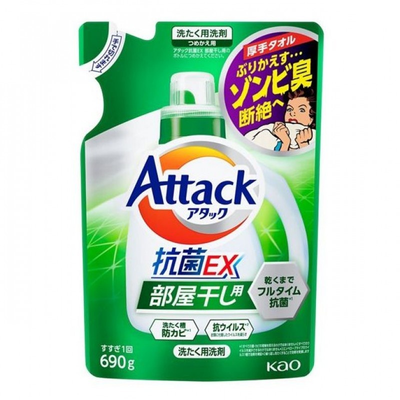 Высокоэффективный антибактериальный гель для стирки и сушки в помещении с ароматом зелени Attack EX Gel, Kao, 690 г (запасной блок)