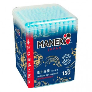 Палочки ватные гигиенические с голубым бумажным стиком, в пластиковой коробке Ocean, Maneki 150 шт