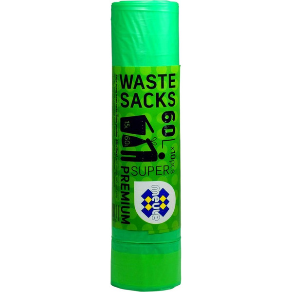 Мешки для мусора Waste Sacksб, Meule  15 шт, 60 л х 10 зеленые с завязками 