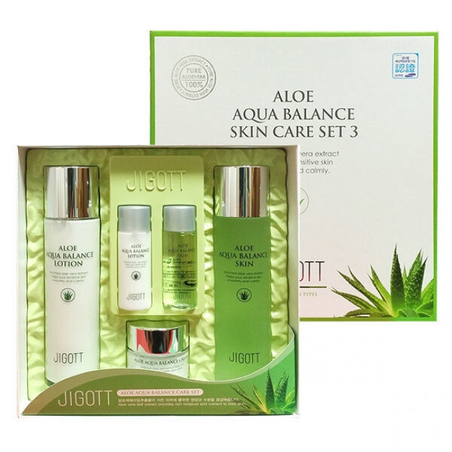 Набор для лица 3 предмета + 2 мини-версии с алоэ, ALOE AQUA BALANCE SKIN CARE SET3, Jigott (тонер 150 мл + 30 мл, эмульсия 150 мл + 30 мл, крем 50 мл)