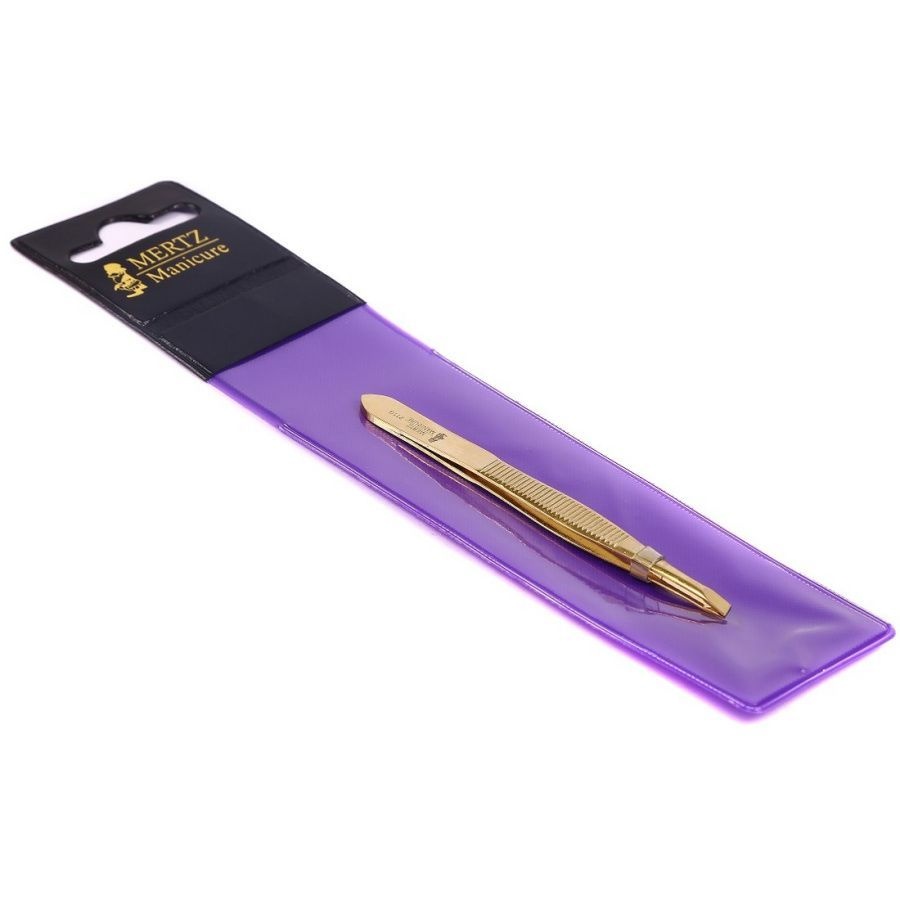 Пинцет косметический скошенный 212 G, золотистый, 8 см, Mertz 