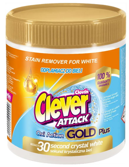 Пятновыводитель универсальный для белых тканей Attak Oxi Action Gold Plus White Clever, Clovin 730 г