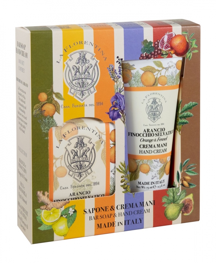 Набор на основе масел ши и оливы с экстрактами Апельсина и Дикий Фенхеля Мыло натуральное 106 г + Крем для рук увлажняющий 75 мл Box Set Bar Soap & Hand Cream Orange & Wild Fennel, La Florentina 