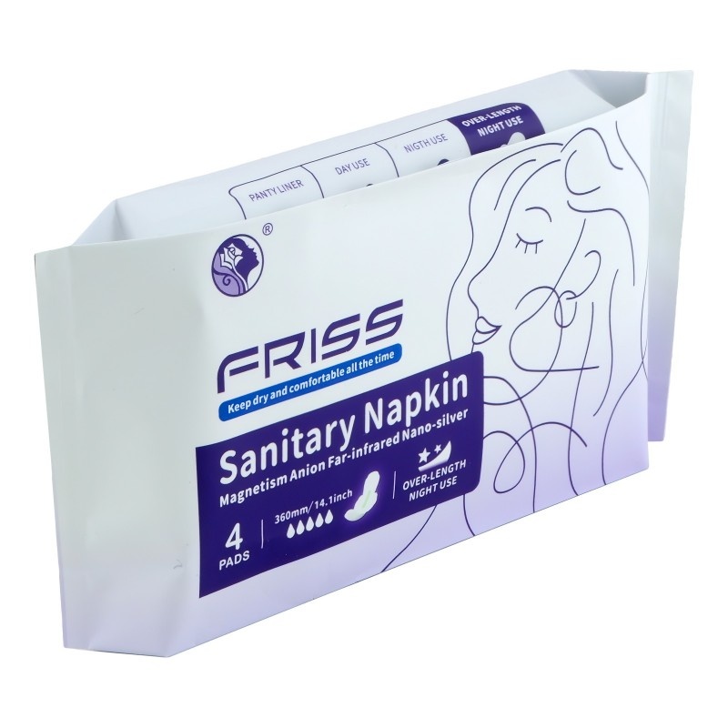 Премиальные гигиенические прокладки для женщин ночные (Чип 4 в 1 с турмалином и наносеребром), Sanitary Pad Air Feeling, FRISS, 4 шт., 330 мм, 5 капель