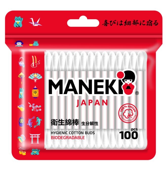 Ватные палочки гигиенические в zip-пакете, Maneki 100 шт 