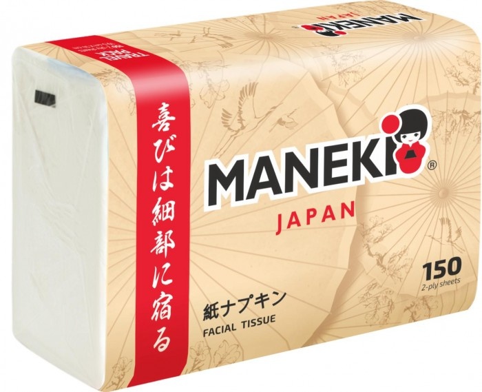 Салфетки бумажные 2 слоя, белые KABI, Maneki 150 шт