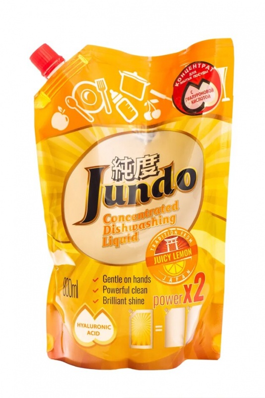 Концентрированный гель для мытья посуды и детских принадлежностей с гиалуроновой кислотой Juicy Lemon, Jundo 800 мл (мягкая упаковка)