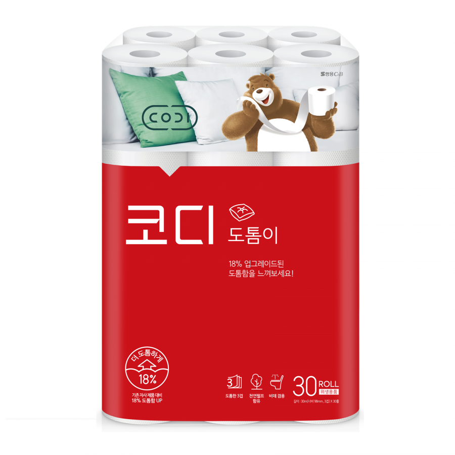 Особо мягкая туалетная бумага CODI-Dotomi повышенной плотности (трёхслойная, с тиснёным рисунком), Ssangyong 30 м х 30 рулонов