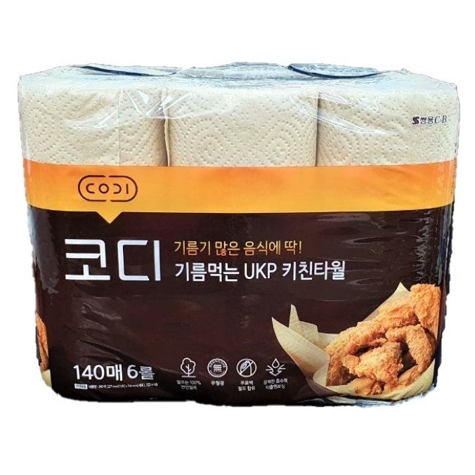 Компактные кухонные салфетки Codi Absorbing-oil Kitchen Towel (жиропоглощающие, неотбеленные, двухслойные, плотные, тиснёные), Ssangyong 140 листов х 6 рулонов