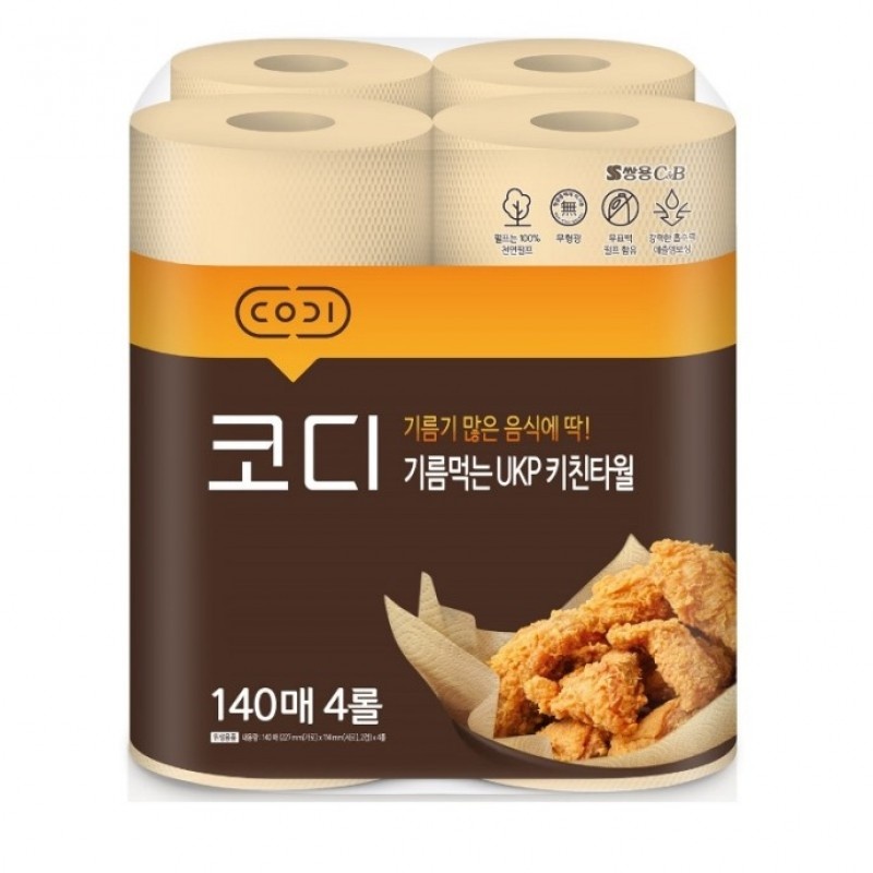 КОМПАКТНЫЕ кухонные салфетки Codi Absorbing-oil Kitchen Towel (жиропоглощающие, неотбеленные, двухслойные, плотные, тиснёные), Ssangyong 140 листов х 4 рулона