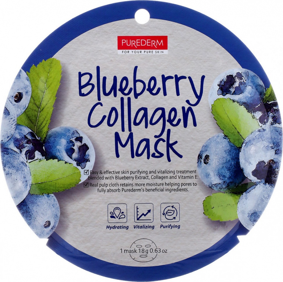 Коллагеновая маска с экстрактом голубики Blueberry Collagen Mask, Purederm 1 шт