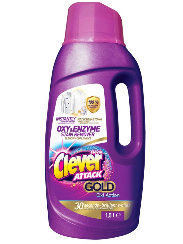 Пятновыводитель кислородный универсальный Clever Attak Oxi Action Gold White, Clovin, 1,5 л