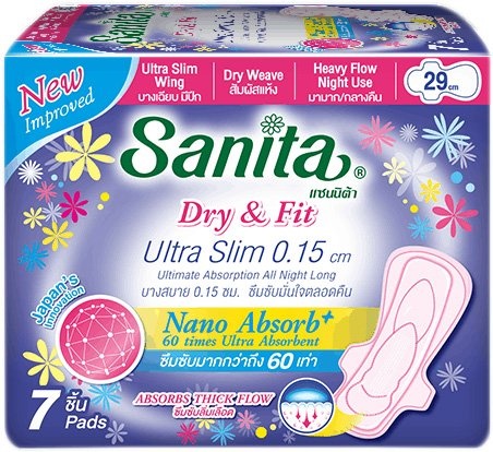 Гигиенические ночные прокладки супервпитывающие ультратонкие Dry & Fit Relax Night Ultra Slim, Sanita, 29 см, 7 шт., 5 капель