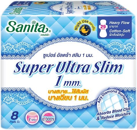 Гигиенические ночные прокладки мягкие ультратонкие супервпитывающие Super Ultra Slim, Sanita, 29 см, 8 шт., 5 капель