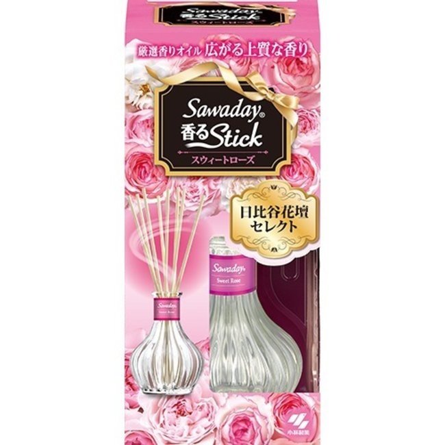 Натуральный аромадиффузор для дома с ароматом сладких роз стеклянный флакон Sawaday Stick Parfum Sweet Rose, Kobayashi, 70 мл + 8 палочек