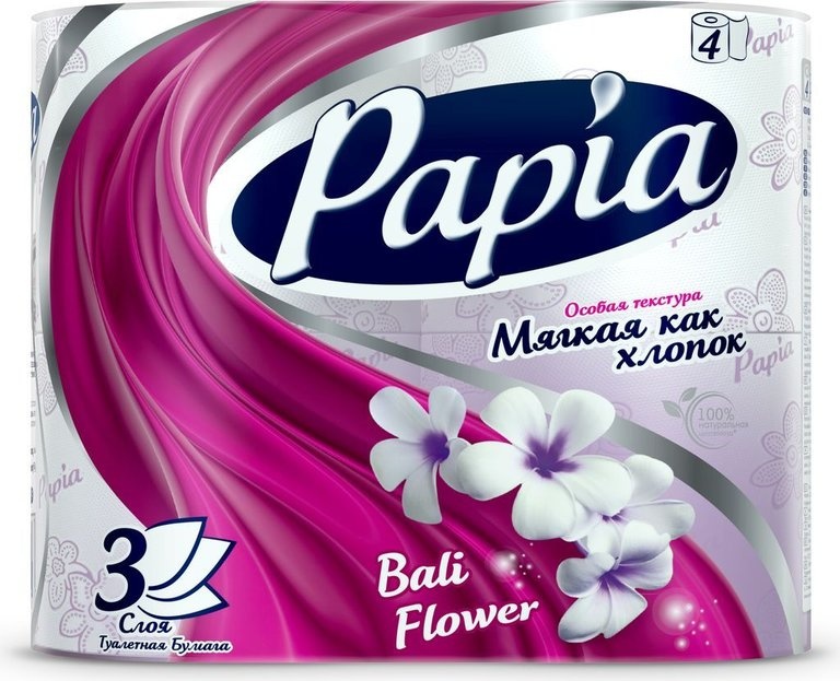 Туалетная бумага 3-х слойная Bali Flower, Papia 4 рулона
