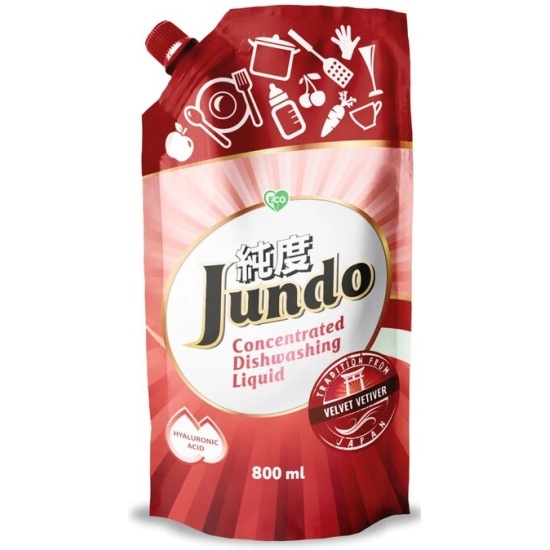 Концентрированное экологичное средство для мытья посуды и детских принадлежностей с гиалуроновой кислотой Бархатный ветивер, Jundo 800 мл в мягкой упаковке