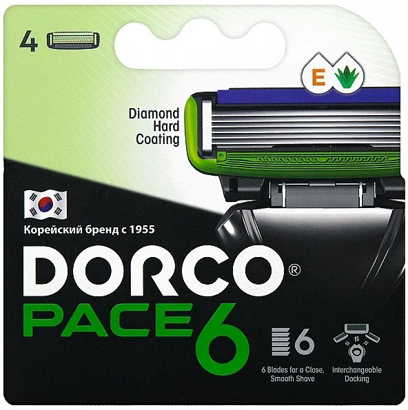  Сменные кассеты 6-лезвий, увлажняющая полоска, микрогребень, открытая архитектура, Pace 6, Dorco 4 шт