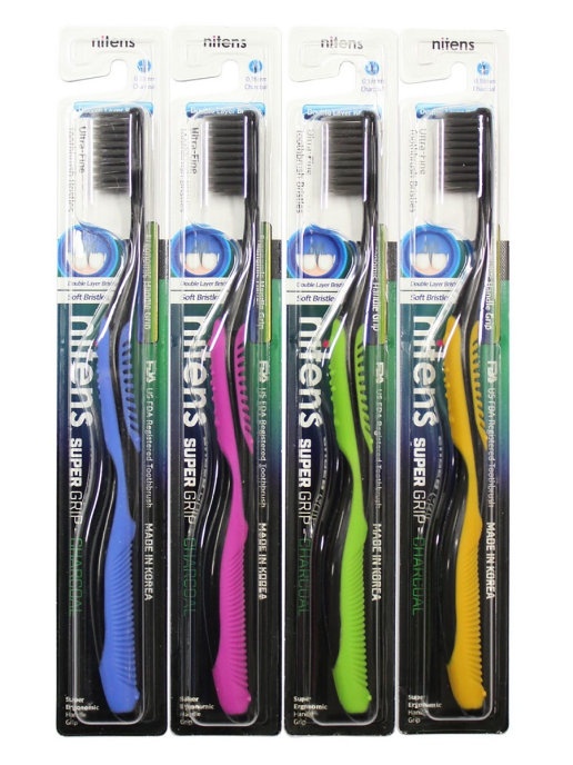 Зубная щетка c древесным углем и сверхтонкой двойной щетиной (средней жесткости и мягкой) и изогнутой ручкой Набор Nano Charcoal, 4 шт