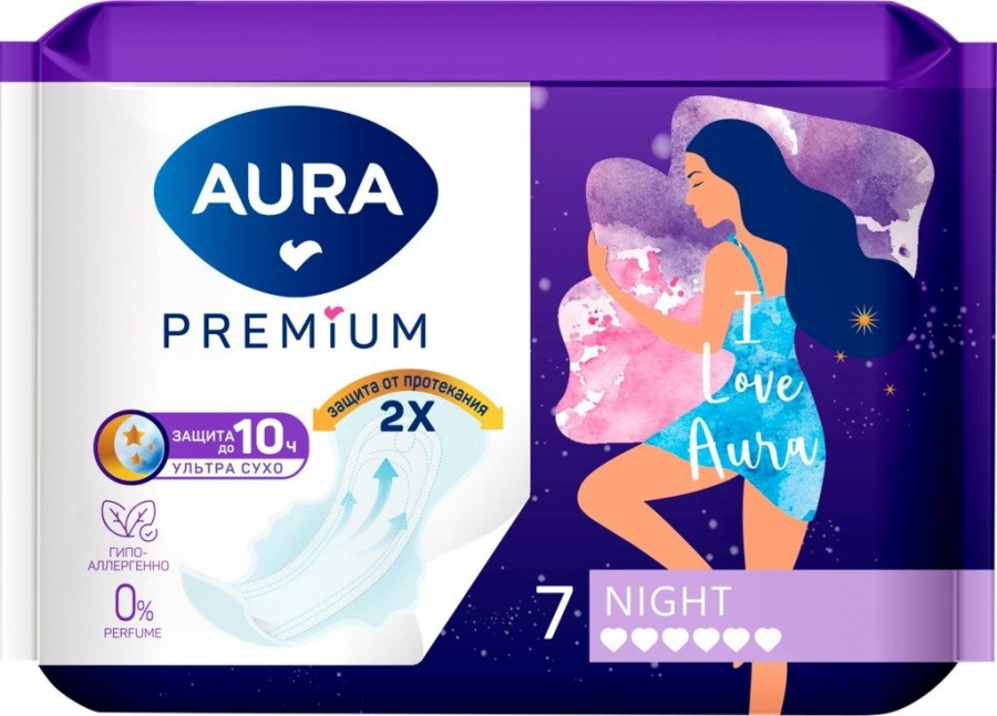 Прокладки гигиенические ночные Premium Night, AURA, 6 капель, 320 мм, 7 шт.