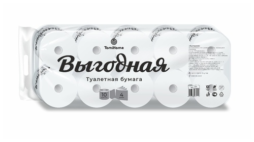 Выгодная Туалетная бумага четырехслойная гладкая с перфорацией TomiHome, Tomiko, 36 м, 10 рулонов