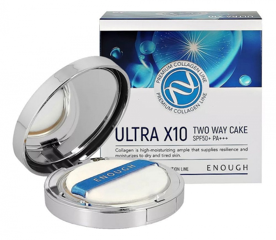 Пудра для лица с коллагеном со сменным блоком PREMIUM ULTRA X10 TWO-WAY CAKE 13 (INCLUDING REFILL), Enough