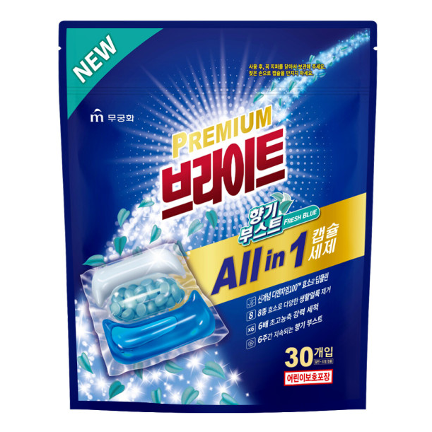 Жидкое средство для стирки (ультраконцентрированное/дезодорирующее/капсулы) Феноменальная свежесть, PREMIUM Bright All in 1 Capsules,  MUKUNGHWA, 30 шт.