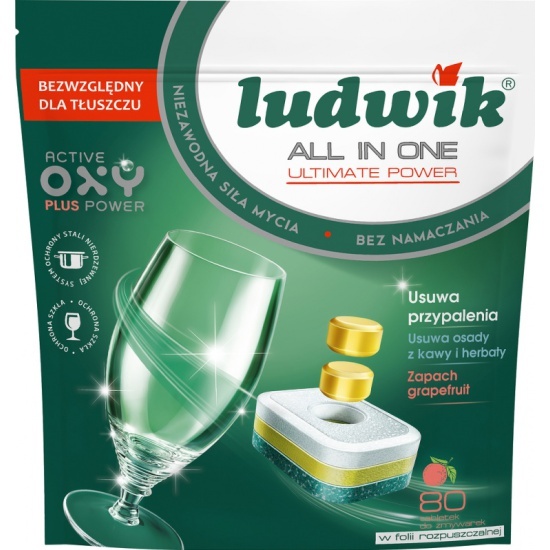 Таблетки для посудомоечных машин в растворимой пленке ALL in one Active Oxy Plus Power Grapefruit, Ludwik, 80 шт.