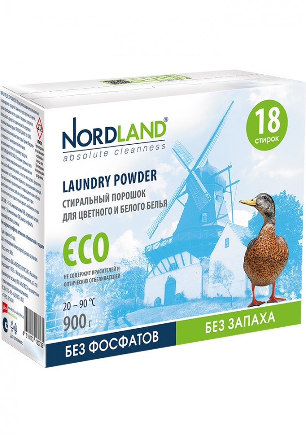 Стиральный порошок ECO без фосфатов и без запаха Nordland, 900 г, на 18 стирок