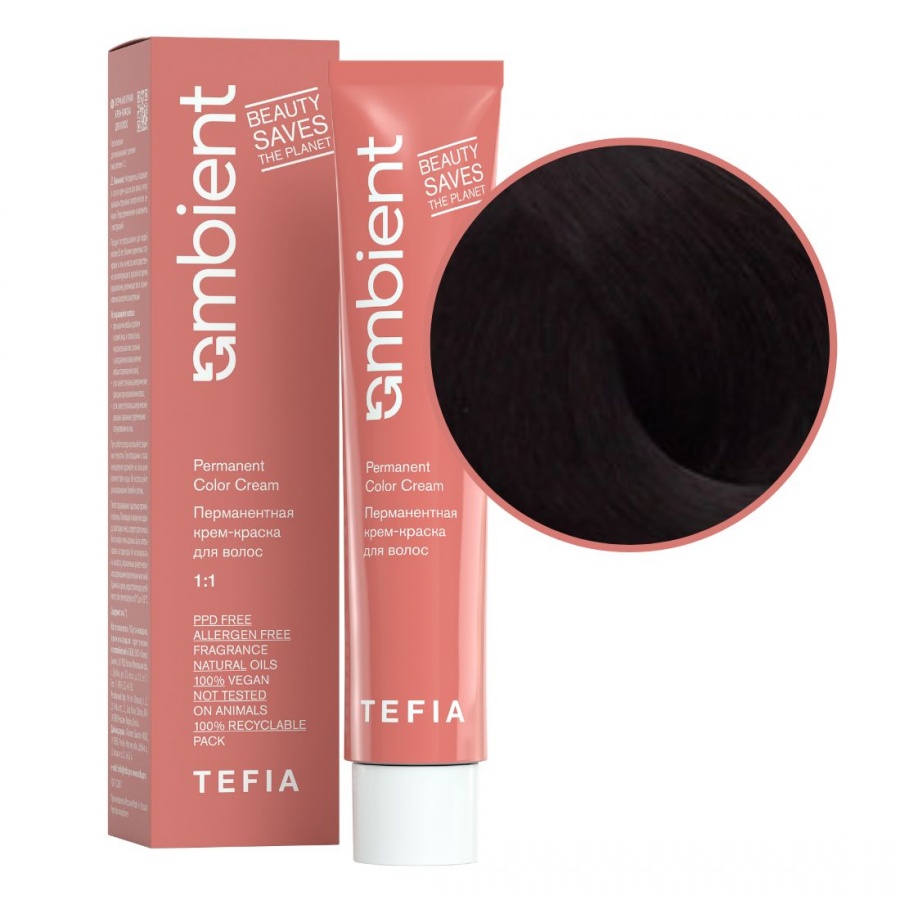 Перманентная крем-краска для волос, Темный брюнет интенсивный фиолетовый, Ambient 3.77, TEFIA, 60 мл
