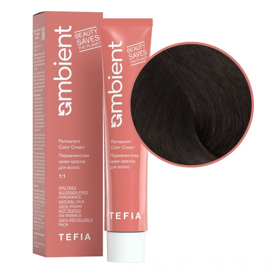 Перманентная крем-краска для волос, Брюнет интенсивный натуральный, Ambient 4.00, TEFIA, 60 мл