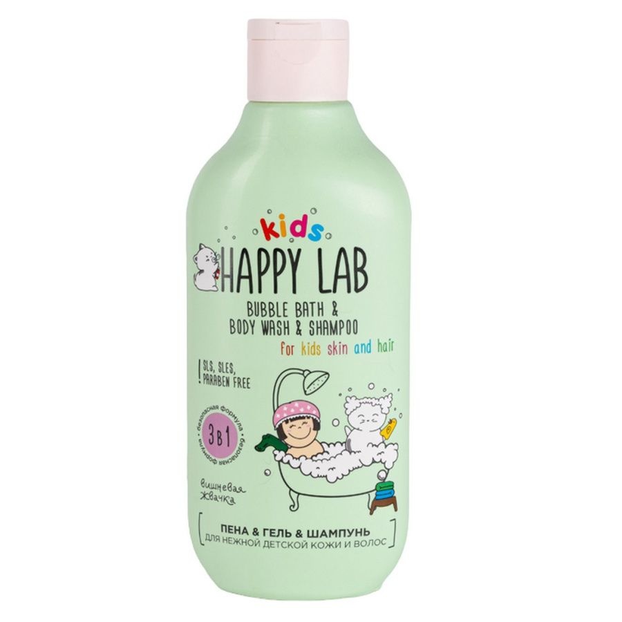Средство 3 в 1: пена, гель, шампунь 3 в 1 для нежной детской кожи и волос Вишневая жвачка, Happy Lab Kids, 300 мл