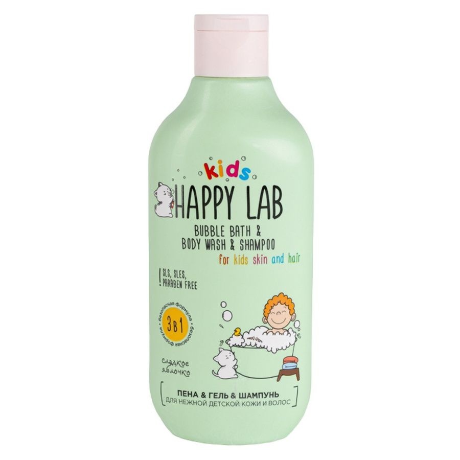 Средство 3 в 1: пена, гель, шампунь для нежной детской кожи и волос Сладкое яблочко, Happy Lab Kids, 300 мл