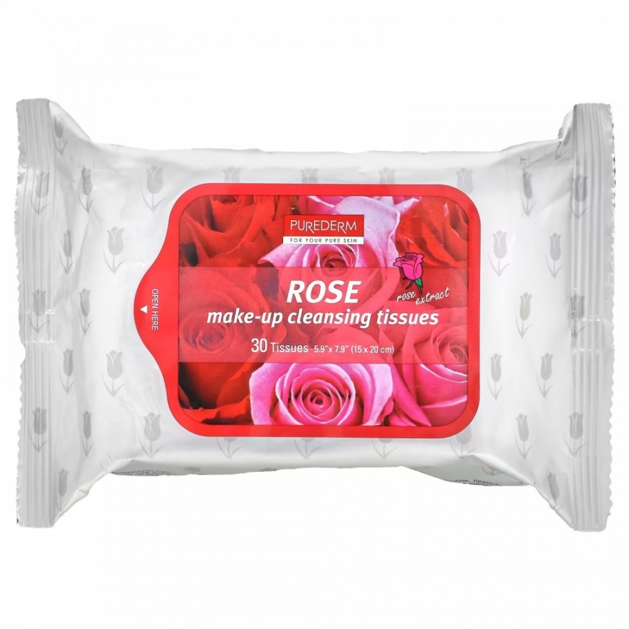 Салфетки очищающие для снятия макияжа с экстрактом Розы, ROSE MAKE-UP CLEANSING TISSUES, Purederm, 30 г, 30 шт.