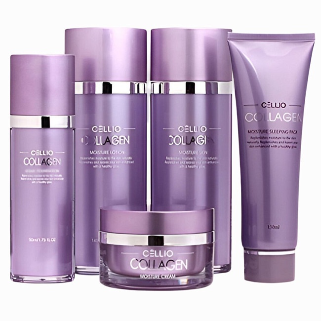 Набор для лица уходовый с коллагеном, COLLAGEN MOISTURE 5 SET, CELLIO, 140 мл*2/130 мл/50 мл*2/30 мл*2