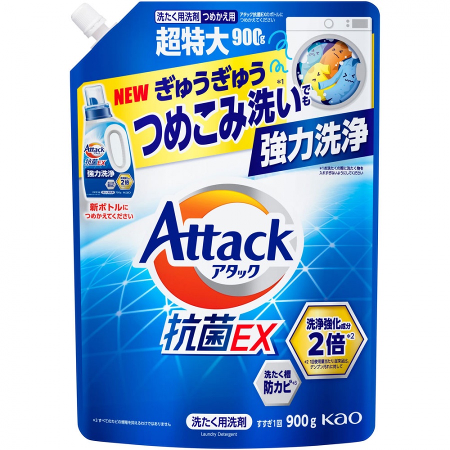 Жидкое средство для стирки (концентрат тройного действия) Attack EX, KAO, 900 г (мягкая упаковка)