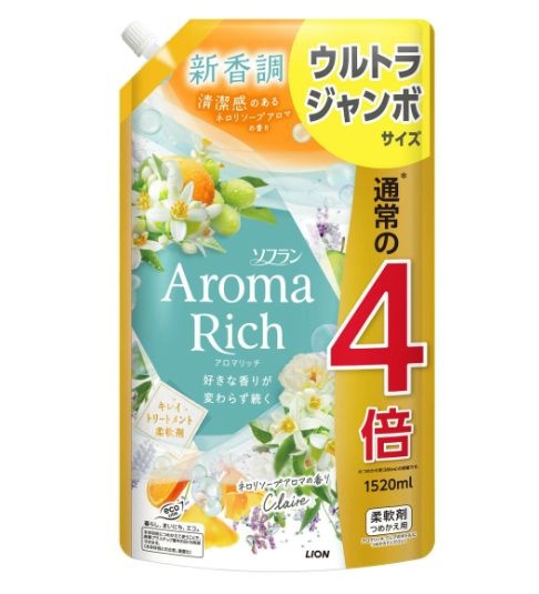 Кондиционер для белья Клэр (формула сохранения неизменного аромата и красоты тканей) Aroma Rich Claire 258, LION, 1520 мл (мягкая упаковка)