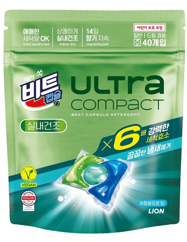 Жидкое средство для стирки (Яблоня, суперферменты х6, для сушки в помещении, капсулы) Ultra Compact Indoor Drying, Lion, 40 шт. х 8 г