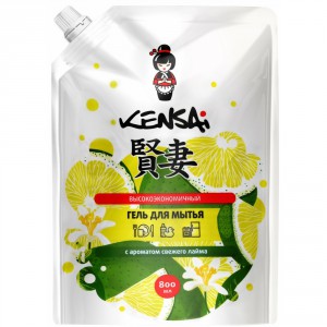 Гель высокоэкономичный для мытья посуды и детских принадлежностей с ароматом лайма, KENSAI   800 мл (мягкая упаковка)