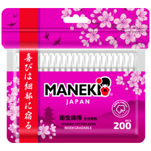 Ватные палочки гигиенические Sakura, Maneki 200 шт в zip-пакете