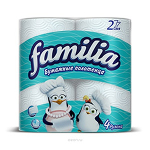Полотенца бумажные, белые, 2-ух слойные, Famillia 4 рулона