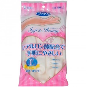 Перчатки для бытовых и хозяйственных нужд (винил, пропитаны гиалуроновой кислотой, средней толщины) Family Soft &Beauty, ST размер L (белые)