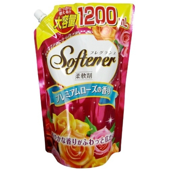 Дезодорирующий антибактериальный кондиционер-ополаскиватель Softener Fragrance Premium Rose (аромат роз), NIHON 1200 мл (запаска с крышкой)