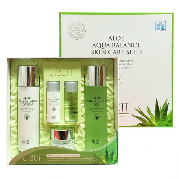 Набор для лица 3 предмета + 2 мини-версии с алоэ, ALOE AQUA BALANCE SKIN CARE SET3, Jigott (тонер 150 мл + 30 мл, эмульсия 150 мл + 30 мл, крем 150 мл + 30 мл)