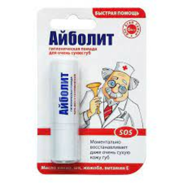 Гигиеничская губная помада для очень сухих губ c маслами какао, ши, жожоба и витамином E Айболит Sos-Быстрая помощь, Аванта 2,8 г