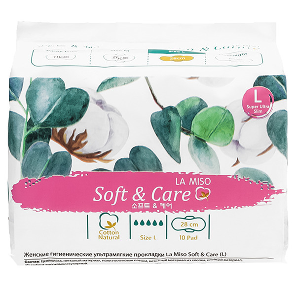 Женские гигиенические ультрамягкие прокладки 28 см Soft & Care Super Ultra Slim L, La Miso 10 шт