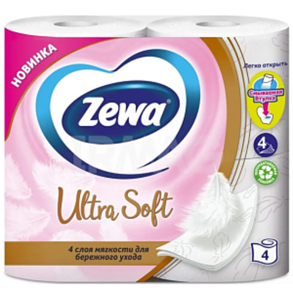 Туалетная бумага Белая четырёхслойная Ultra Soft, Zewa 4 рулона
