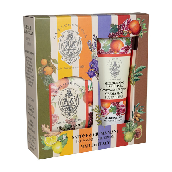 Набор на основе масел ши и оливы с экстрактами Граната и Красного винограда Мыло натуральное 106 г + Крем для рук увлажняющий 75 мл Box Set Bar Soap & Hand Cream Pomegranate & Red Grapes, La Florentina 